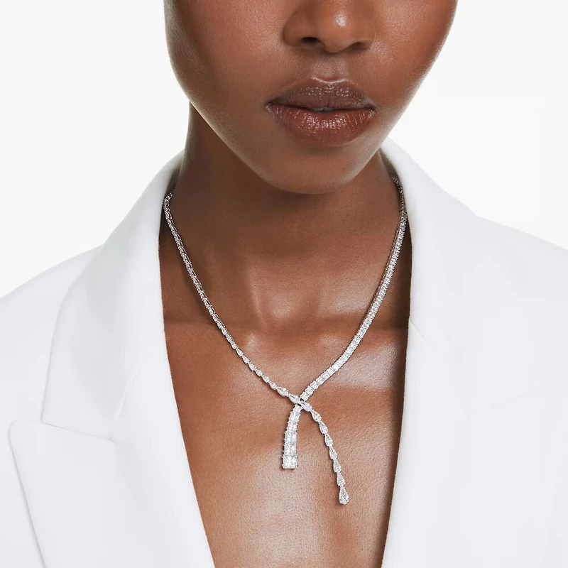 Collier en Y Matrix en Métal Rhodié avec Cristaux Swarovski - 38 - 45 cm. Color: blanc | Doucet Latendresse