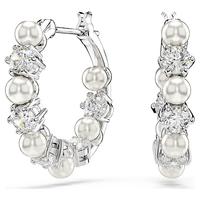 Matrix Hoop Earrings in Rhodium-Plated Metal with Pearls and Swarovski Crystals - 1.8 x 0.4 cm. Color: white | Doucet Latendresse