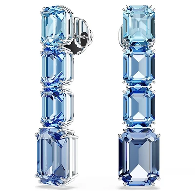Pendantes d'Oreilles Millenia en Métal Rhodié avec Cristaux Swarovski Bleu - 4.5 x 1 cm. Color: blanc | Doucet Latendresse