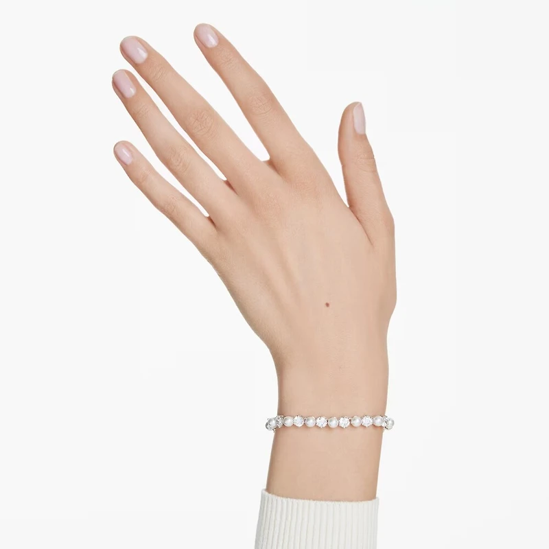 Bracelet Tennis Matrix en Métal Rhodié avec Perles et Cristaux Swarovski - 16.5 - 21 cm. Color: blanc | Doucet Latendresse