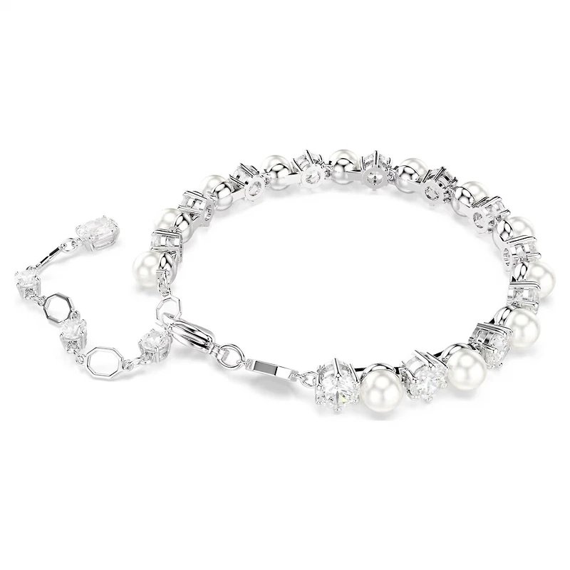 Bracelet Tennis Matrix en Métal Rhodié avec Perles et Cristaux Swarovski - 16.5 - 21 cm. Color: blanc | Doucet Latendresse