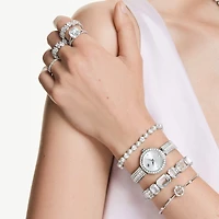 Bracelet Tennis Matrix en Métal Rhodié avec Perles et Cristaux Swarovski - 16.5 - 21 cm. Color: blanc | Doucet Latendresse