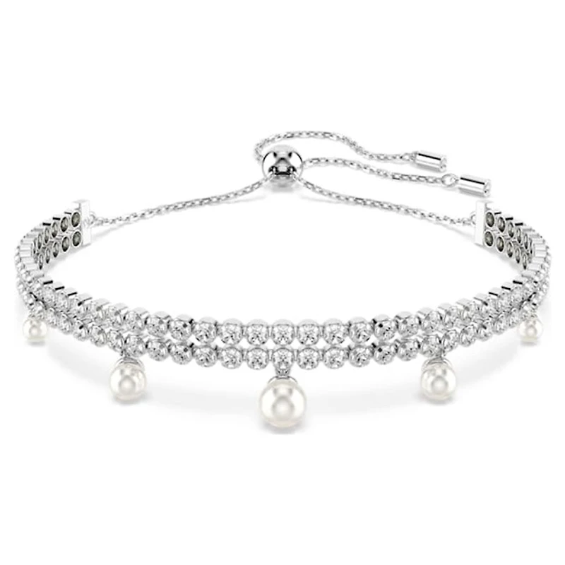 Swarovski Ariana Grande x Swarovski Rhodium-Plated Adjustable Tennis Bracelet with Round-Cut Zirconia & Hanging Crystal Pearls – 5 1/8