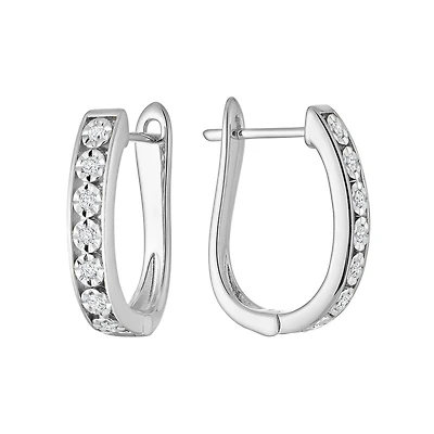 14K White Gold Diamond Channel-Set Hoop Earrings. Color: white | Doucet Latendresse