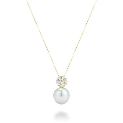 14K Yellow Gold Pearl Pendant Necklace with Diamond Cluster Accent. Color: yellow | Doucet Latendresse
