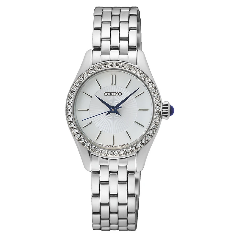 Montre Seiko en Acier Inoxydable avec Lunette de Cristaux – Cadran Argenté, 30mm | Doucet Latendresse