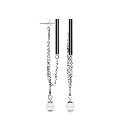 Stainless Steel Pearl Drop Earrings – 75mm. Color: white | Doucet Latendresse