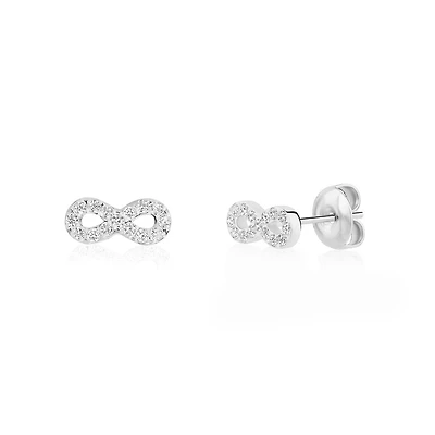 Boucles d’Oreilles Fixes Infini en Acier Inoxydable et Zircons Cubiques – 10x4mm. Color: blanc | Doucet Latendresse