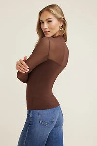Long Sleeve Mesh Sheer Cowl Top