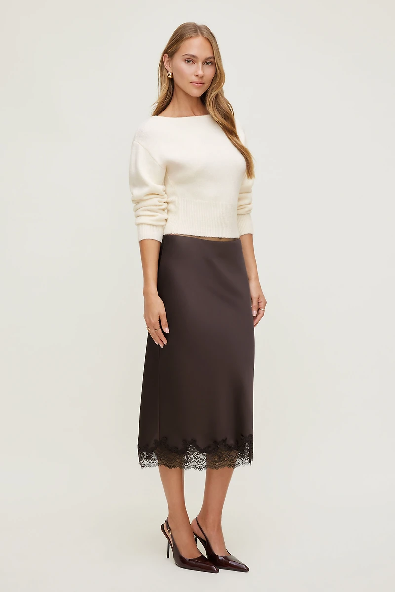 Jupe midi en satin et dentelle