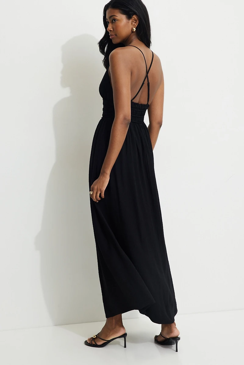 Robe maxi froissée à col plongeant