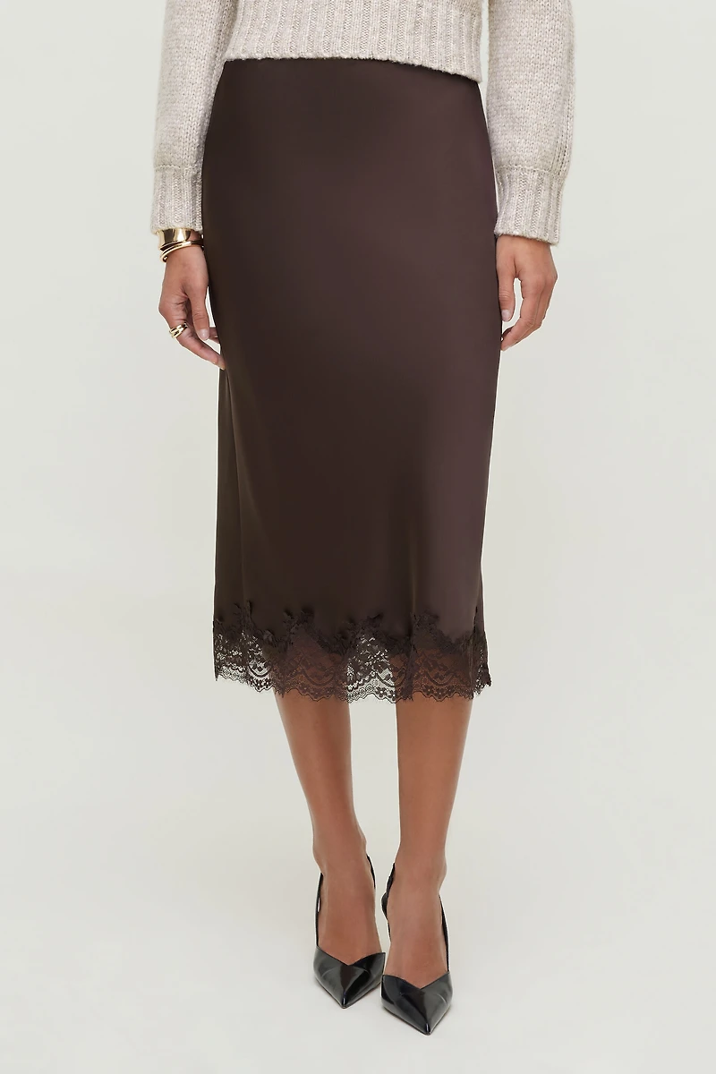 Lace Satin Midi Skirt
