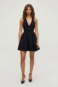 Plunging Flared Ponte Mini Dress