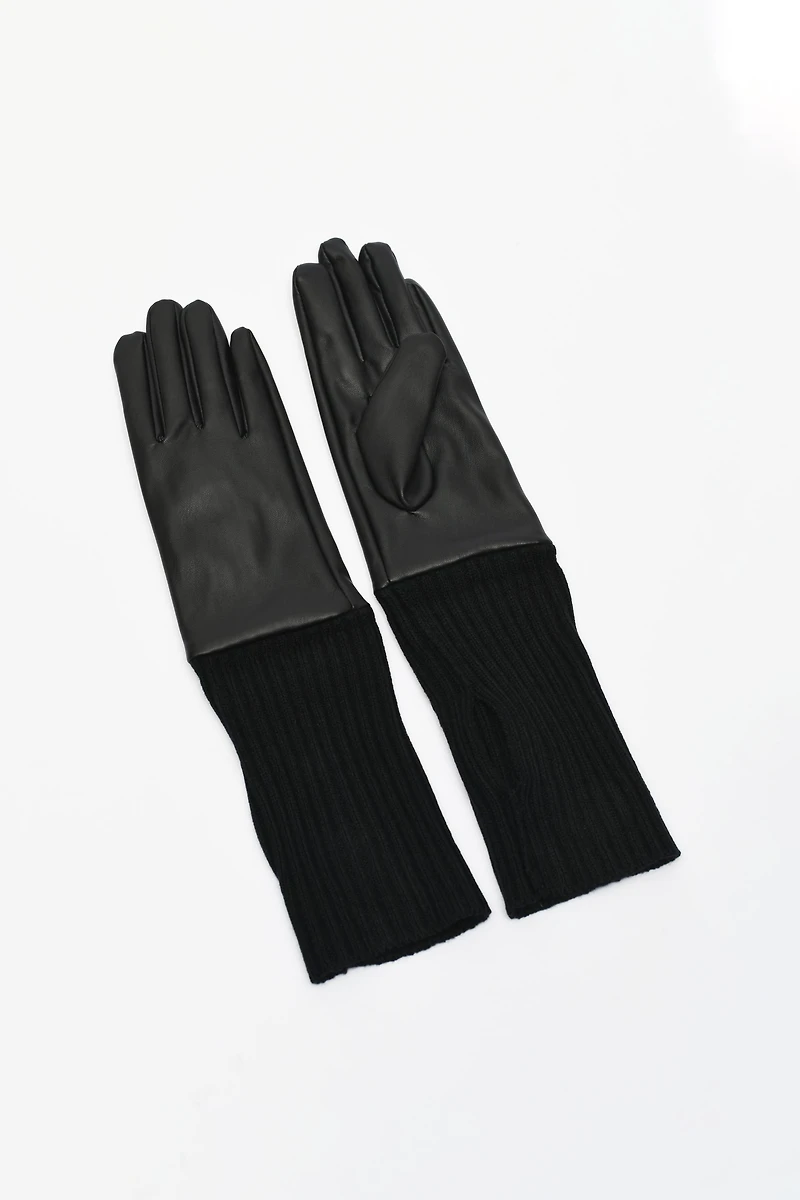 Faux Leather & Knit Gloves