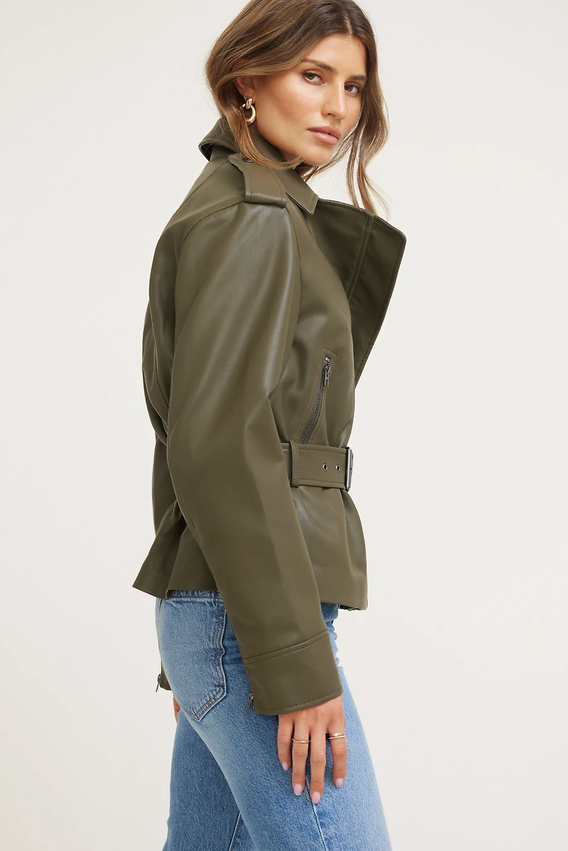 Blouson de moto en faux cuir avec ceinture
