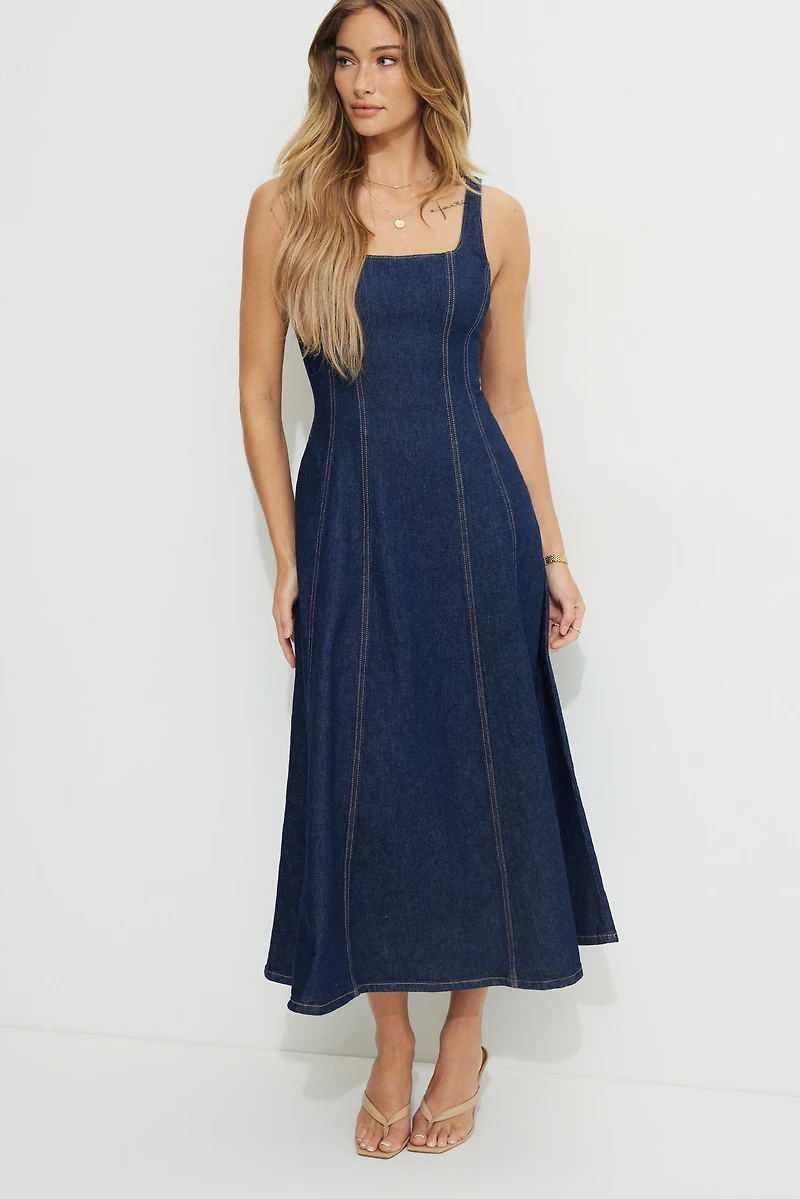Flared Denim Maxi Dress