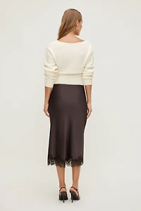 Jupe midi en satin et dentelle