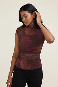 Printed Cap Sleeve Mesh Top