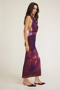 Halter Cowl Neck Mesh Maxi Dress