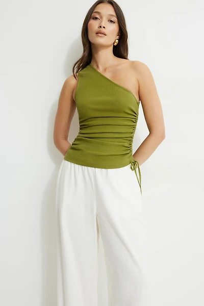 Beaded Drawstring Single Shoulder Jersey Top