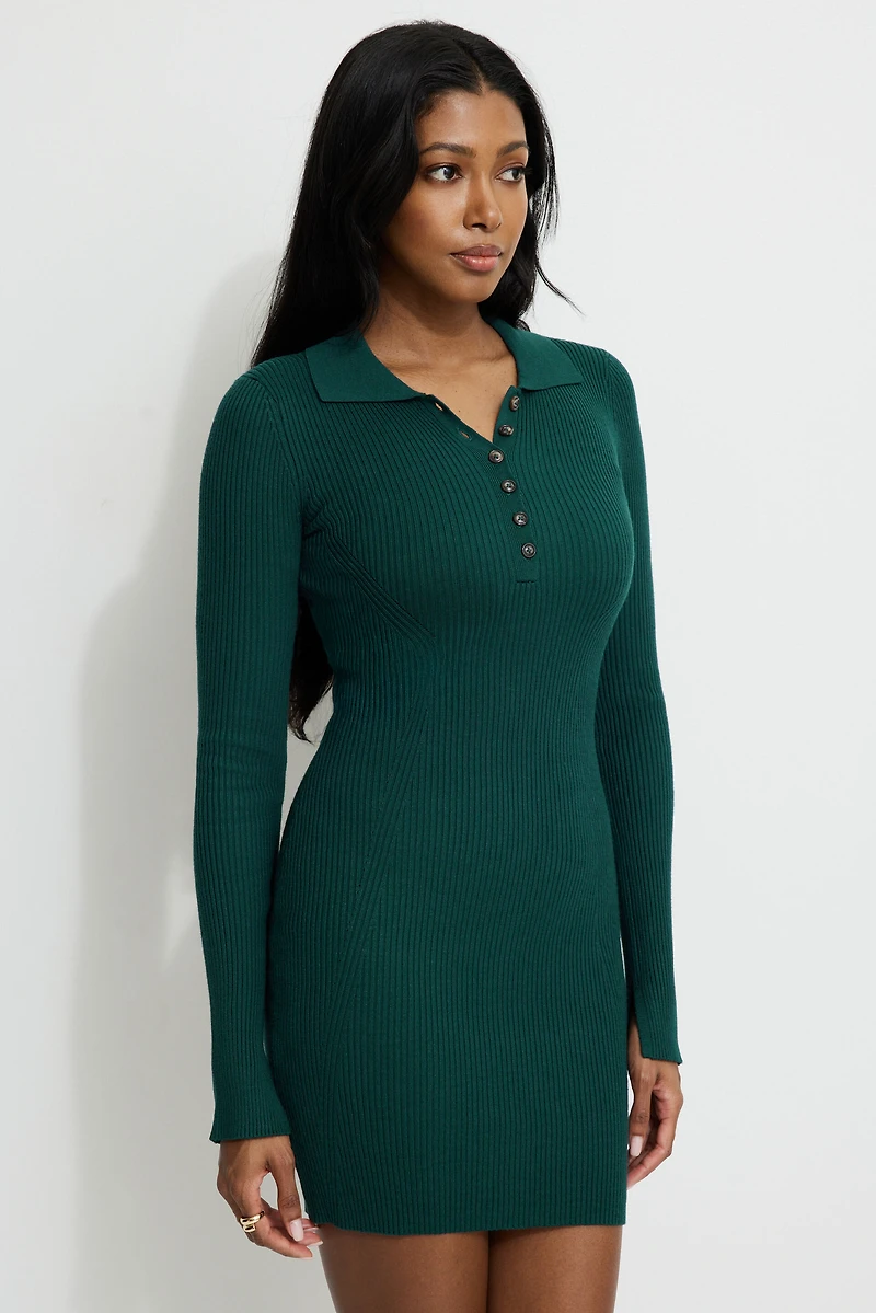 Ribbed Mini Sweater Polo Dress
