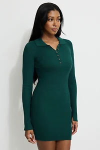 Ribbed Mini Sweater Polo Dress