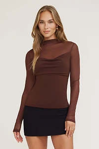 Long Sleeve Mesh Sheer Cowl Top