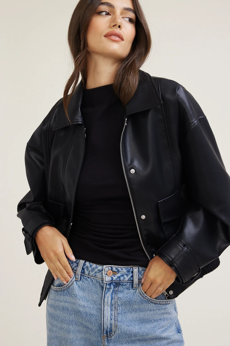 Oversized Faux Leather Aviator Jacket