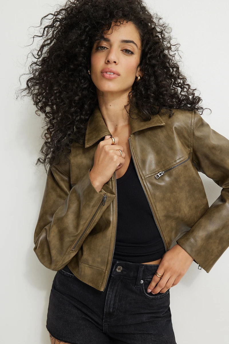 Washed Faux Leather Moto Jacket