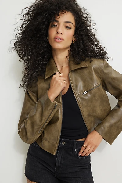 Washed Faux Leather Moto Jacket