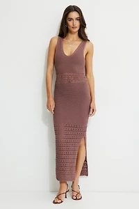 Crocheted V Neck Maxi Sweater Dress