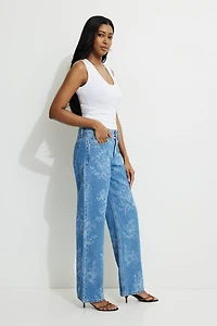 Mika Floral Mid Rise Relaxed Straight Leg Jeans