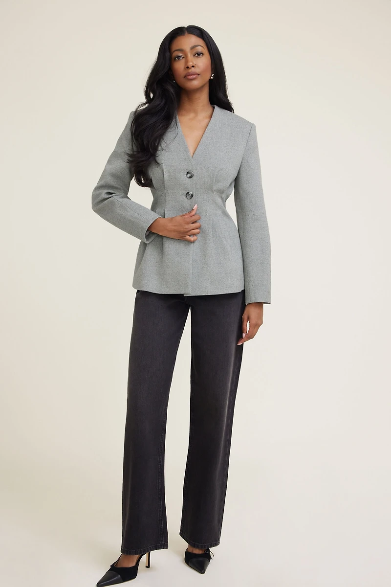 Pleated Collarless Flannel Blazer