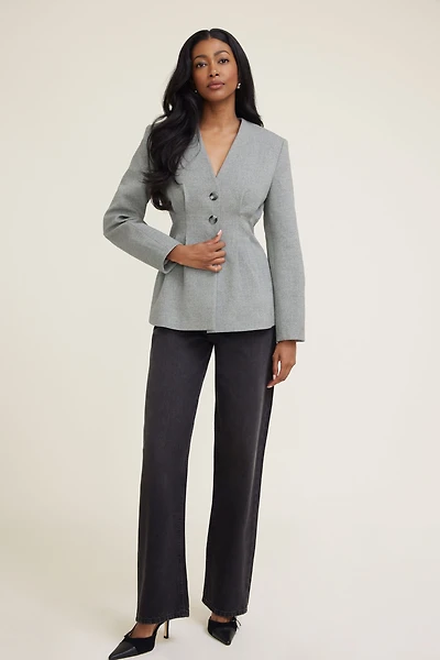 Pleated Collarless Flannel Blazer