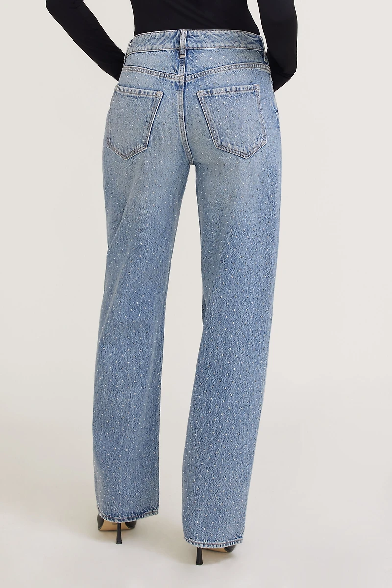 Mika Rhinestone Mid Rise Relaxed Straight Leg Jeans