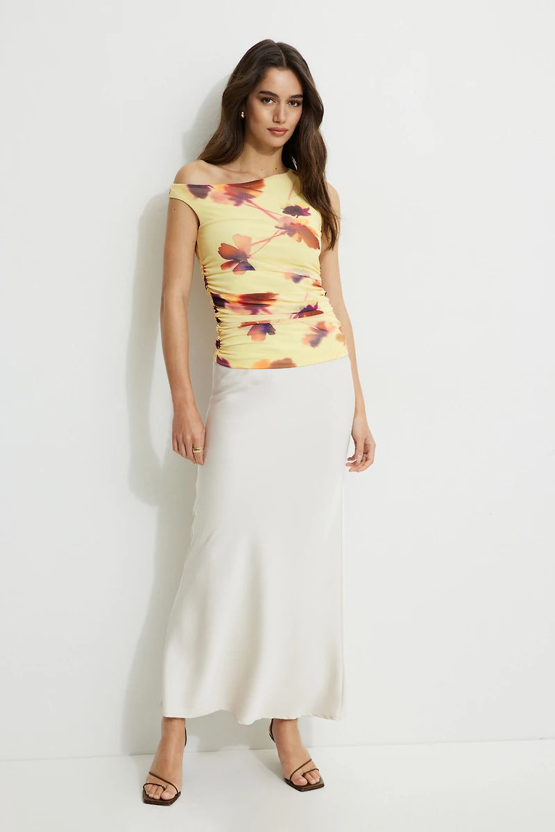Printed Off Shoulder Mesh Top