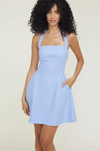 Flared Halter Linen Mini Dress