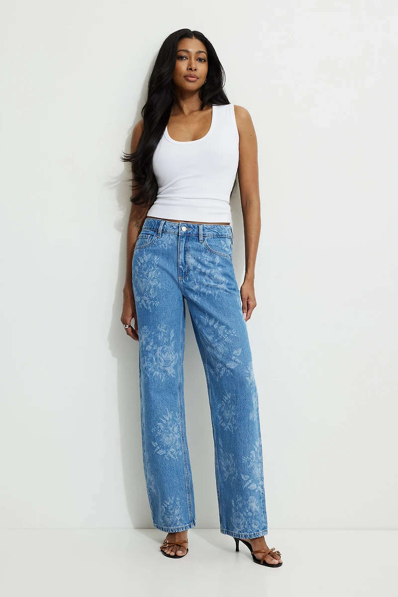 Mika Floral Mid Rise Relaxed Straight Leg Jeans
