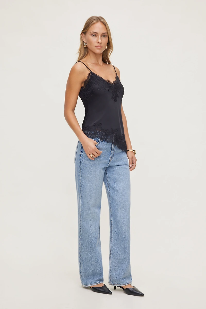 Asymmetric Lace Trim Satin Cami