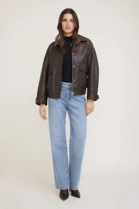 Oversized Faux Leather Aviator Jacket
