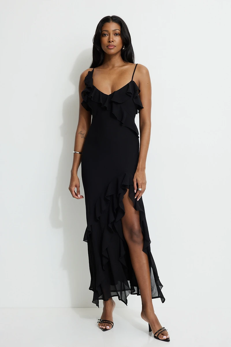 Robe maxi en chiffon à volants