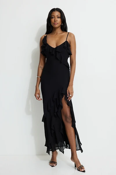 Robe maxi en chiffon à volants
