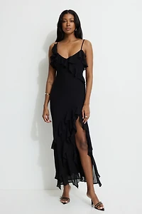 Robe maxi en chiffon à volants