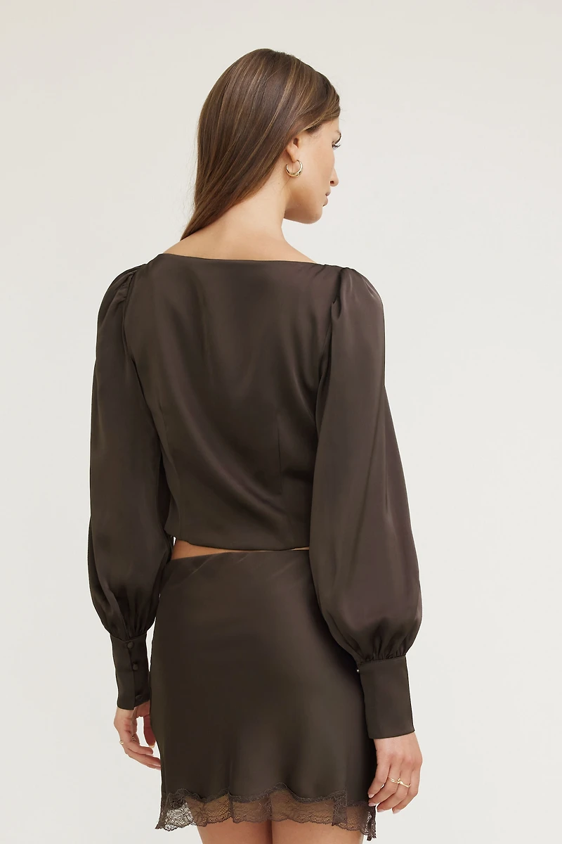 Faye Cropped Boat Neck Satin Blouse