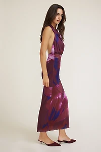 Halter Cowl Neck Mesh Maxi Dress