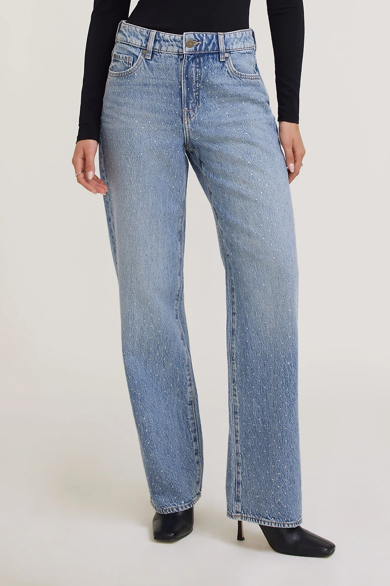 Mika Rhinestone Mid Rise Relaxed Straight Leg Jeans