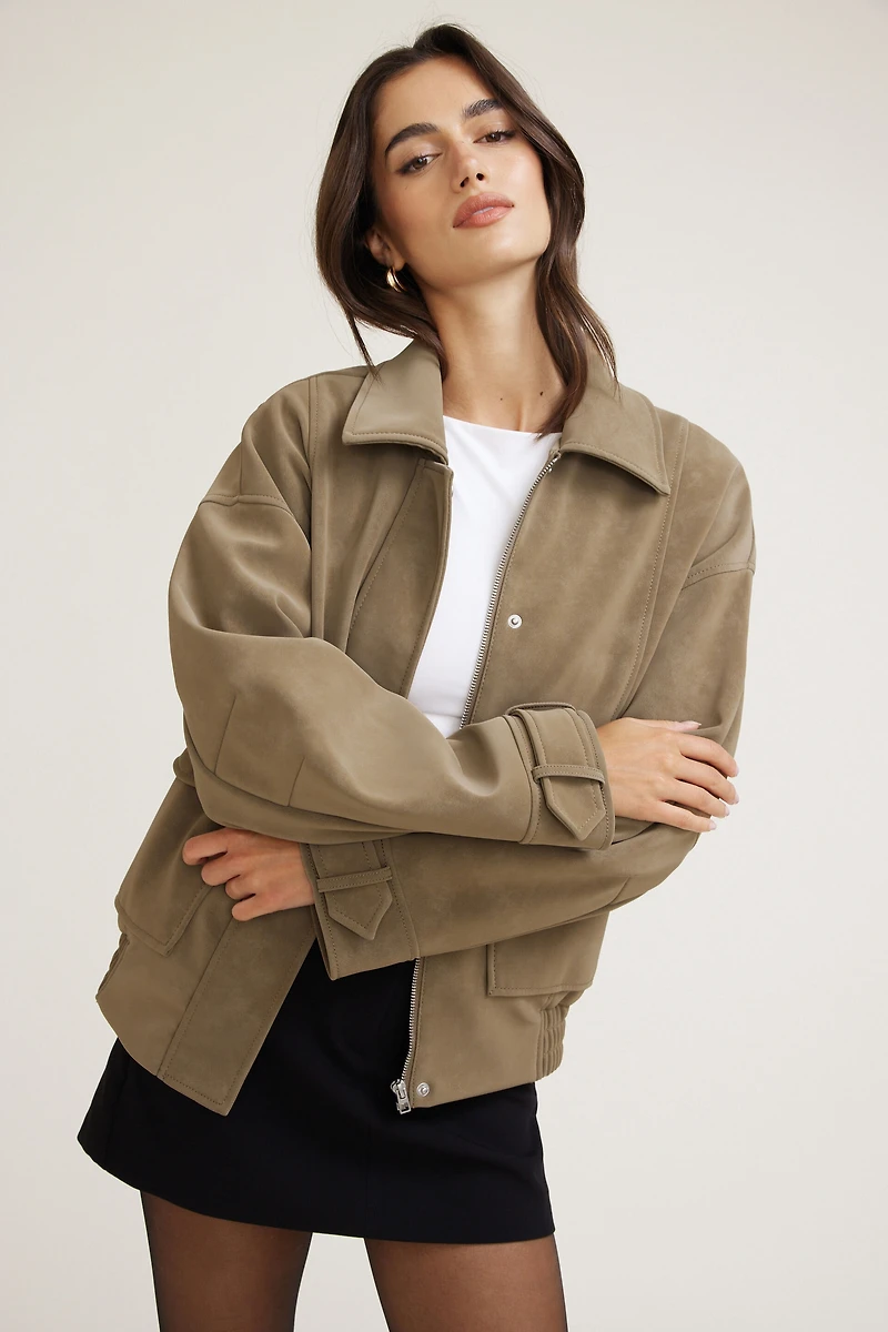 Oversized Faux Suede Aviator Jacket