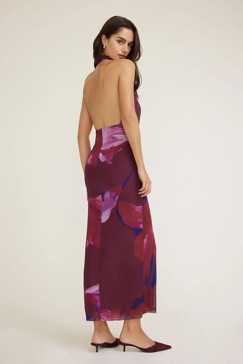 Halter Cowl Neck Mesh Maxi Dress