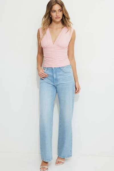 Shirred Plunge Mesh Top