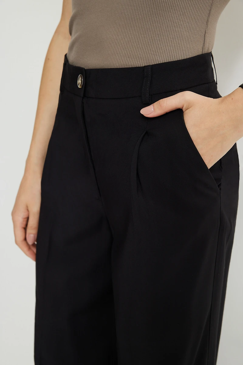 Pleated Straight Leg Twill Pants